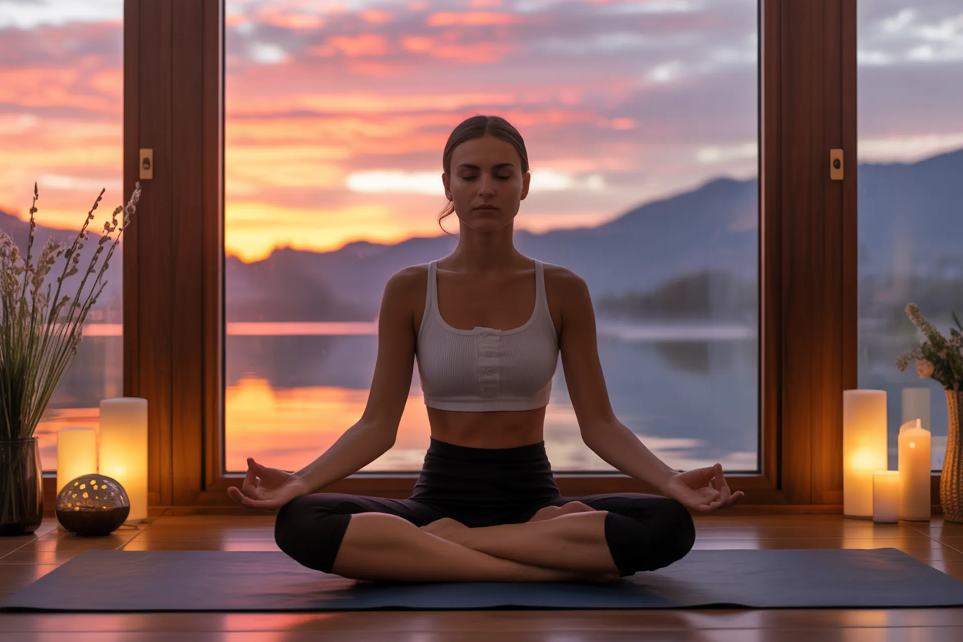 Persona meditando al atardecer, símbolo de mindfulness y felicidad