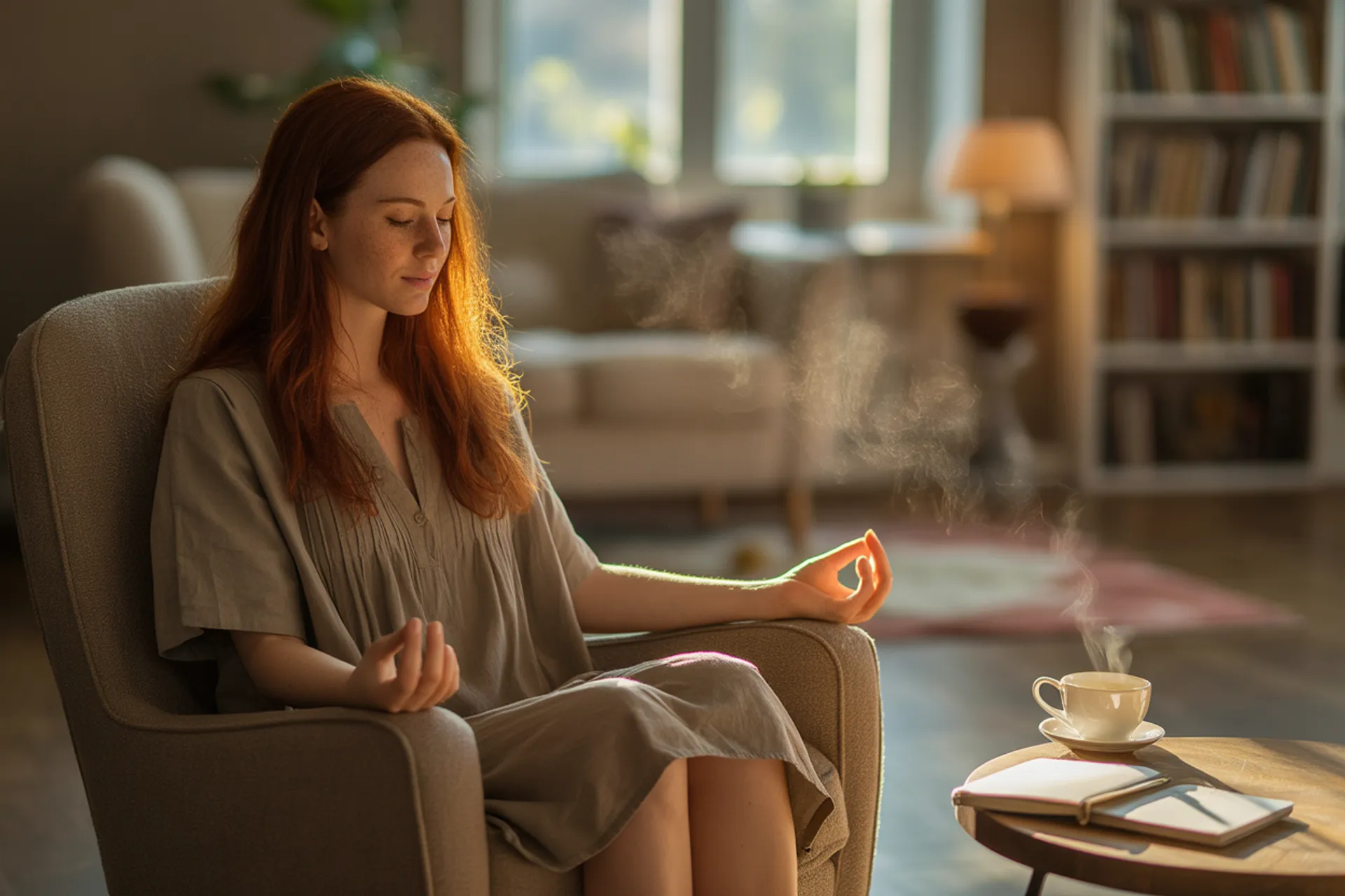 Persona meditando en un sofa zen, rodeada de luz y serenidad