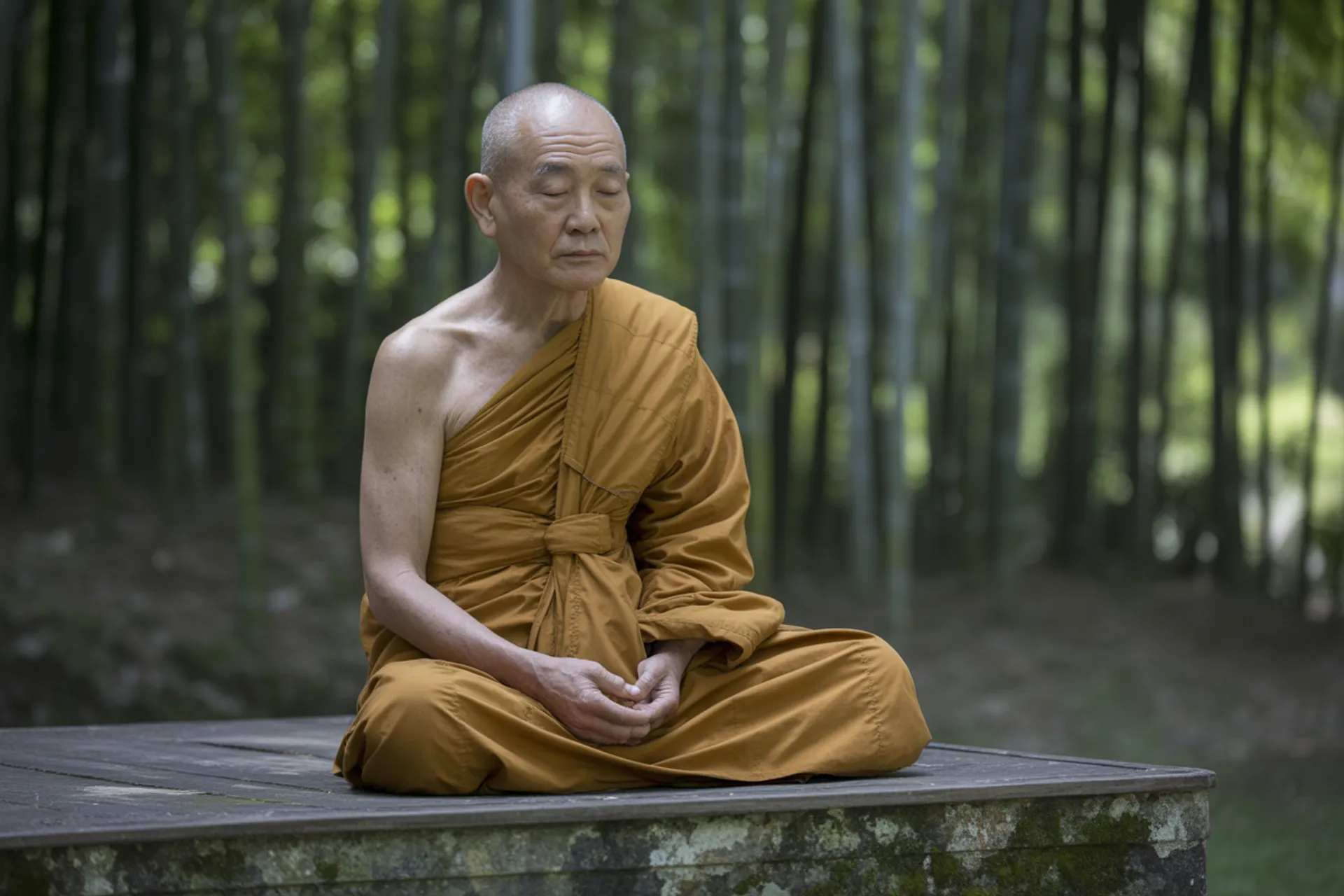 Monje budista meditando en postura de loto frente a un paisaje natural