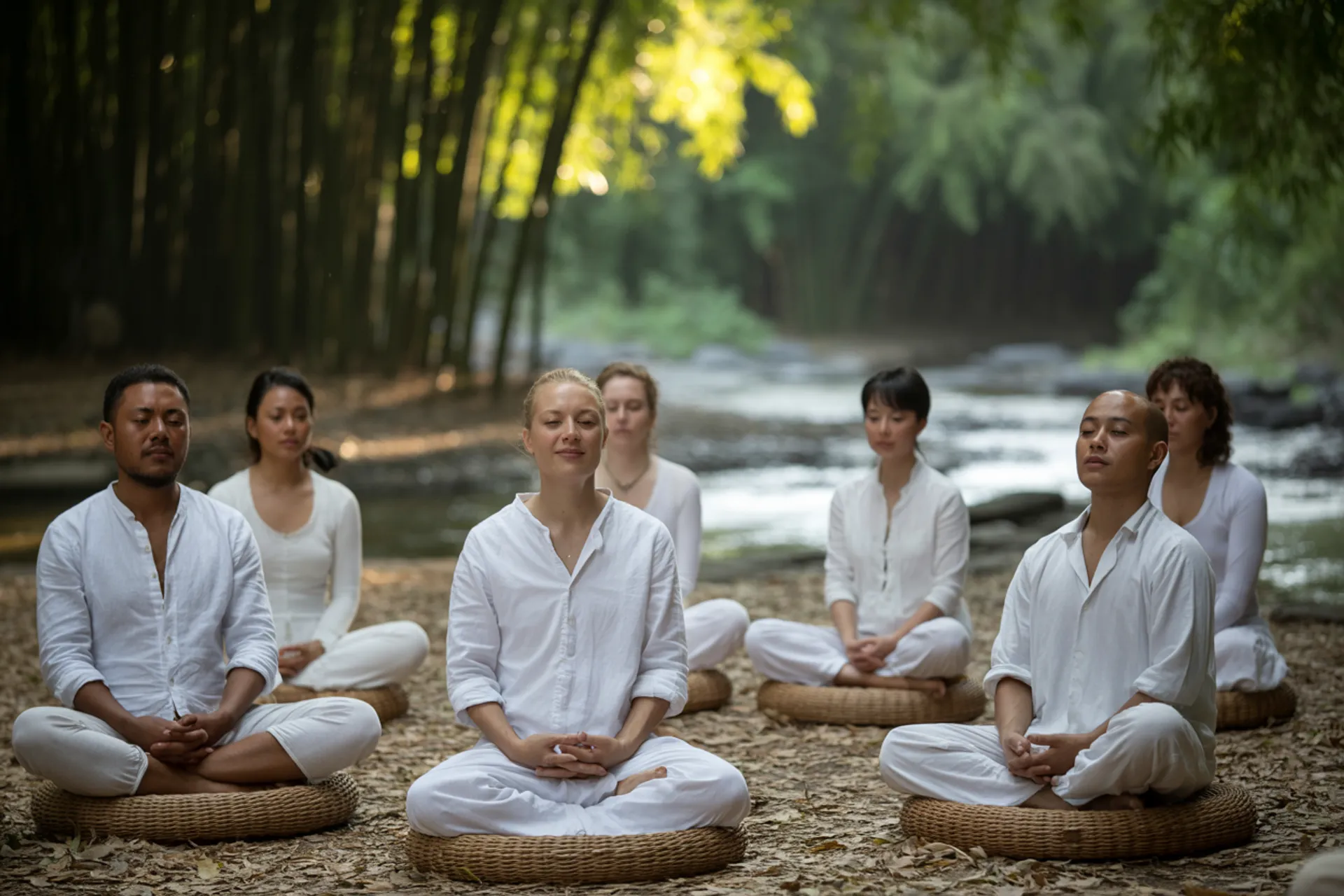 Personas meditando en retiro Vipassana rodeadas de naturaleza