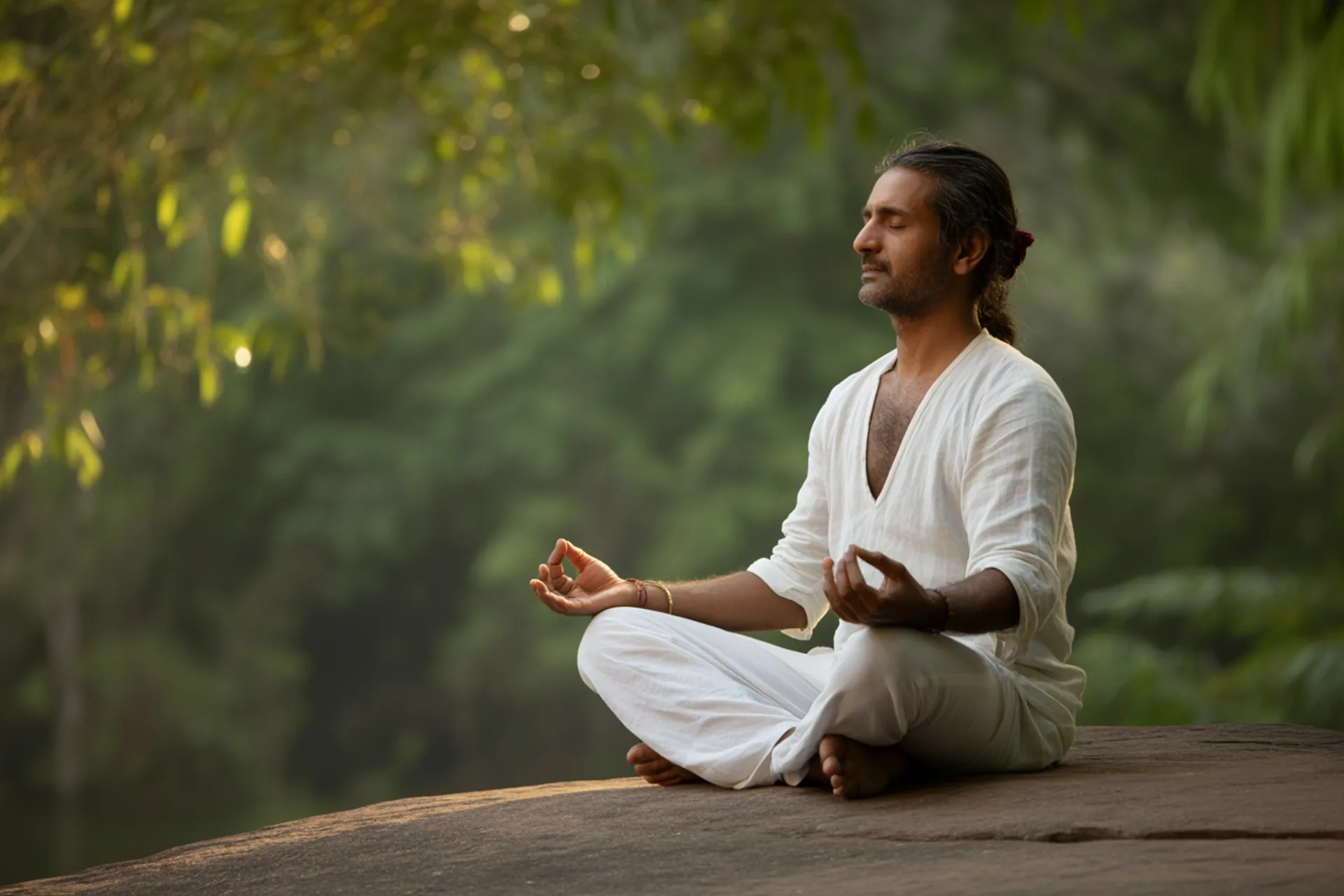 Hombre practicando yoga en postura meditativa en la naturaleza