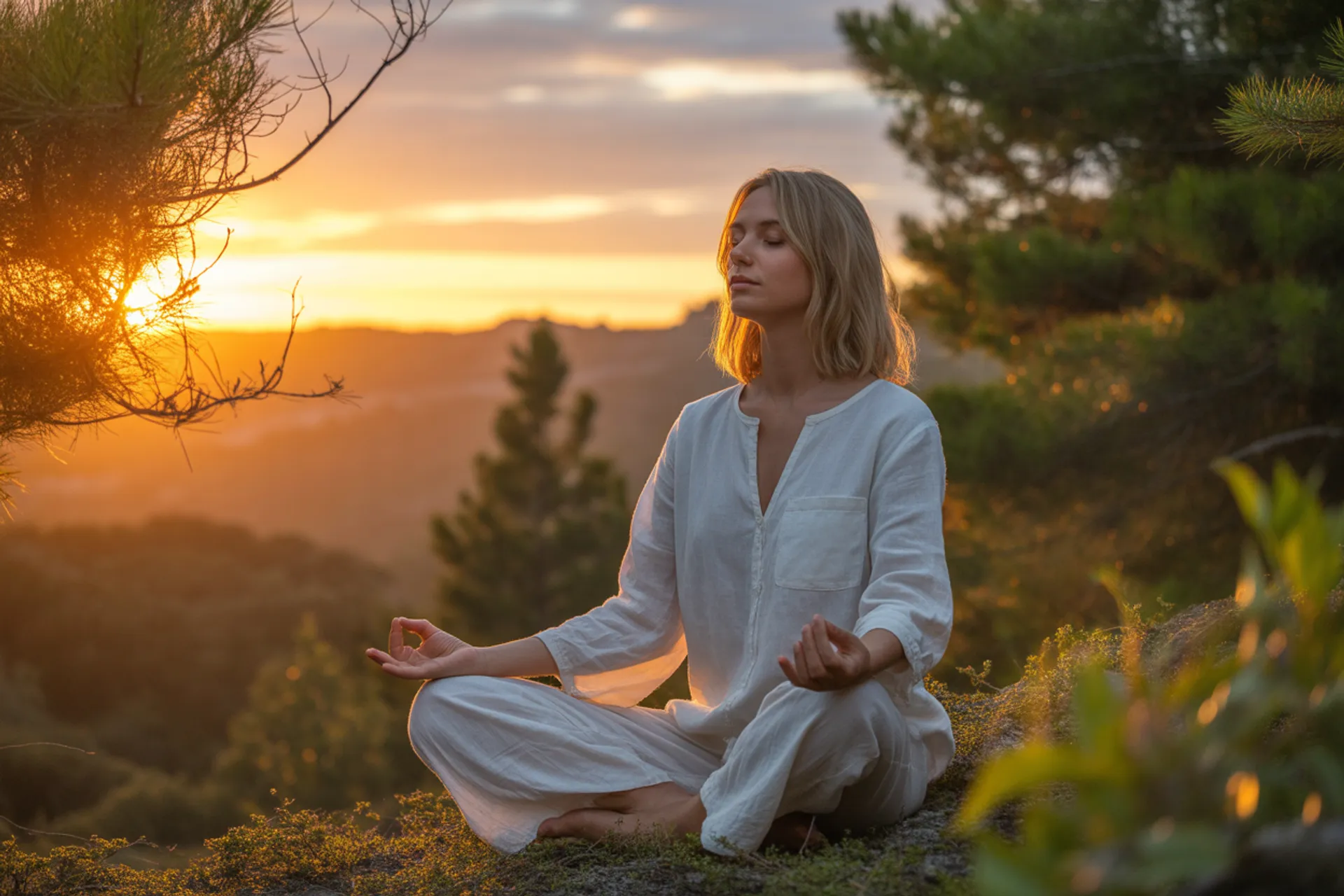Persona meditando al amanecer en naturaleza