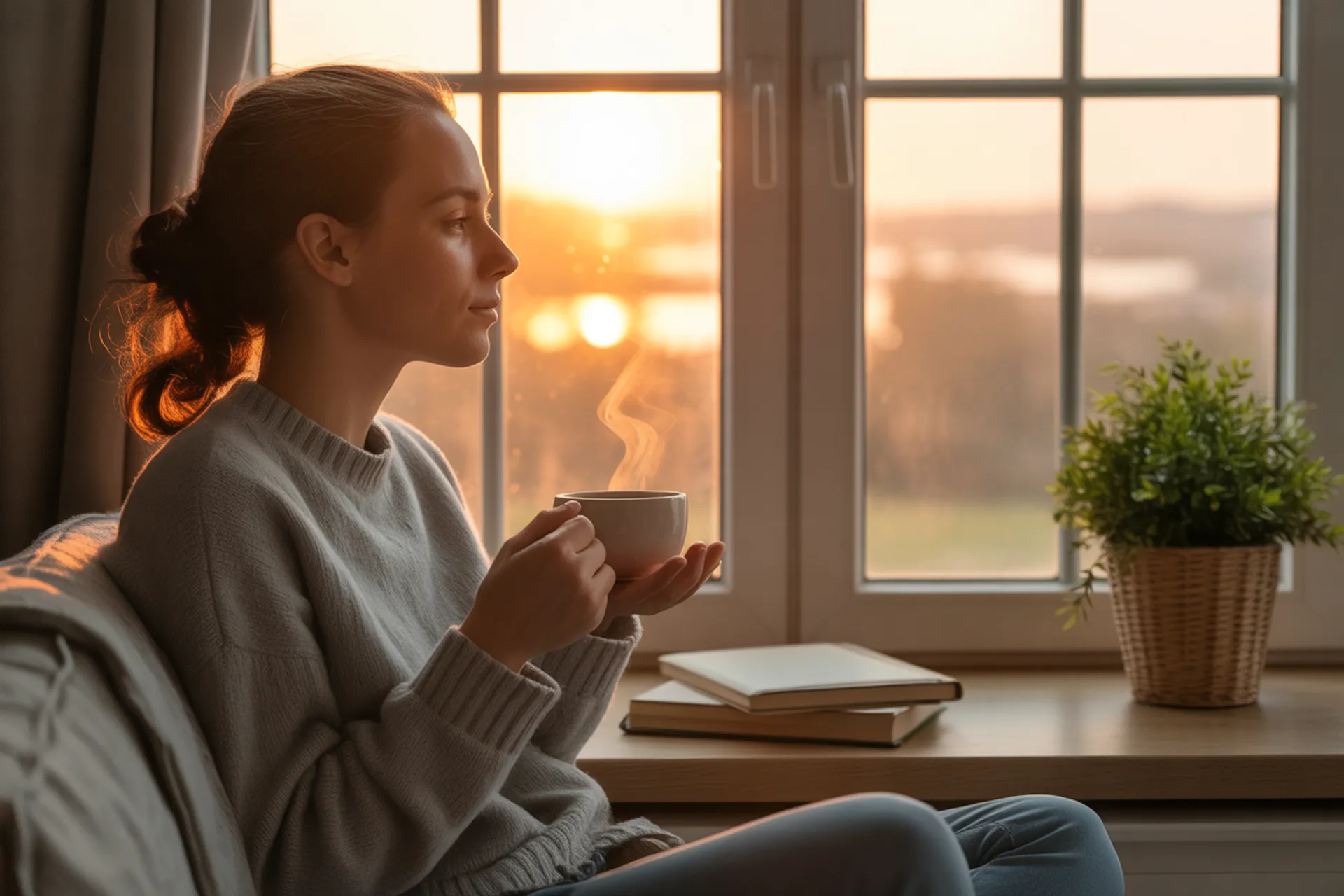 Manos meditando al amanecer, simbolizando calma y presencia