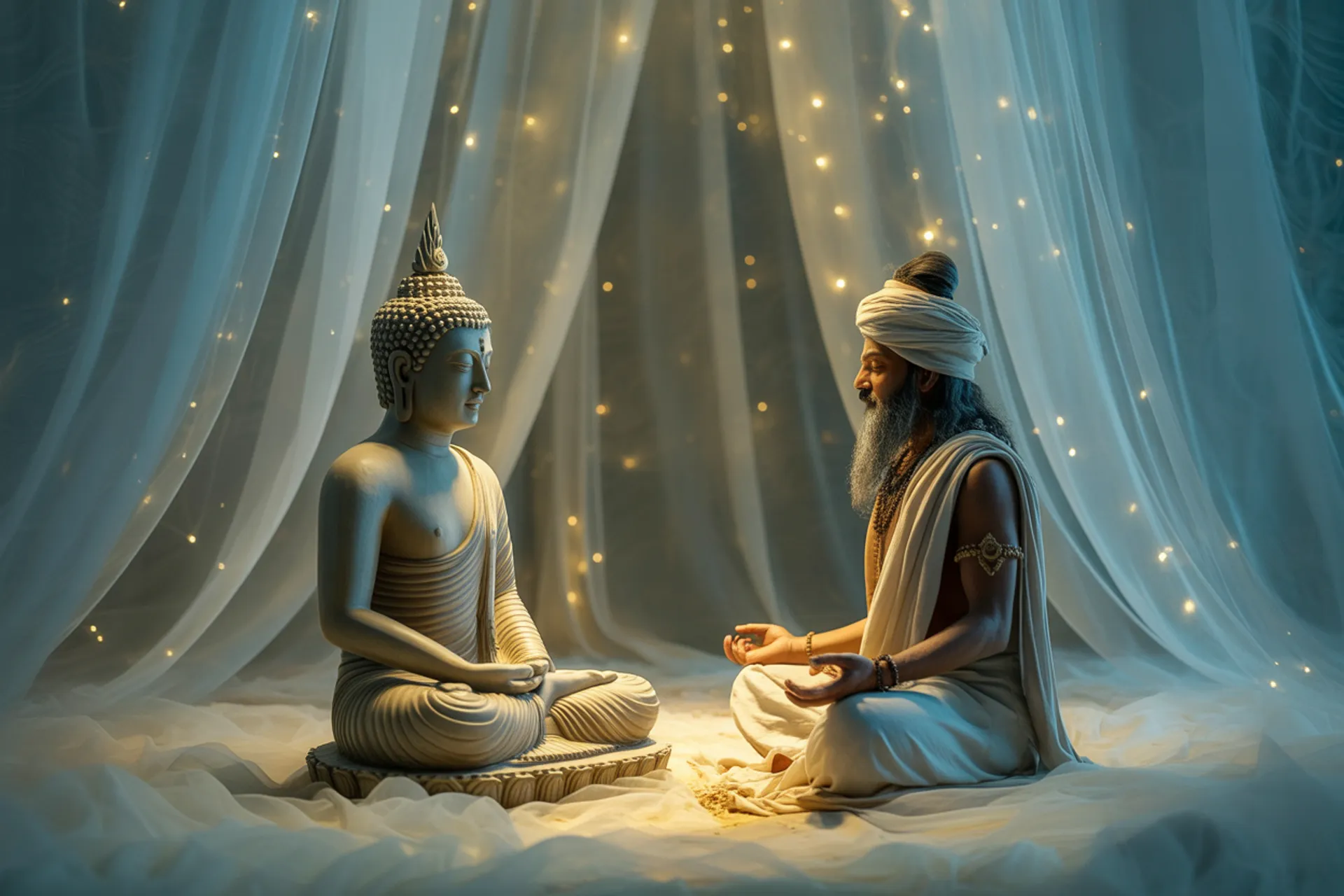 Simbolismo de maya en el arte oriental, figura meditando entre nubes y reflejos ilusorios