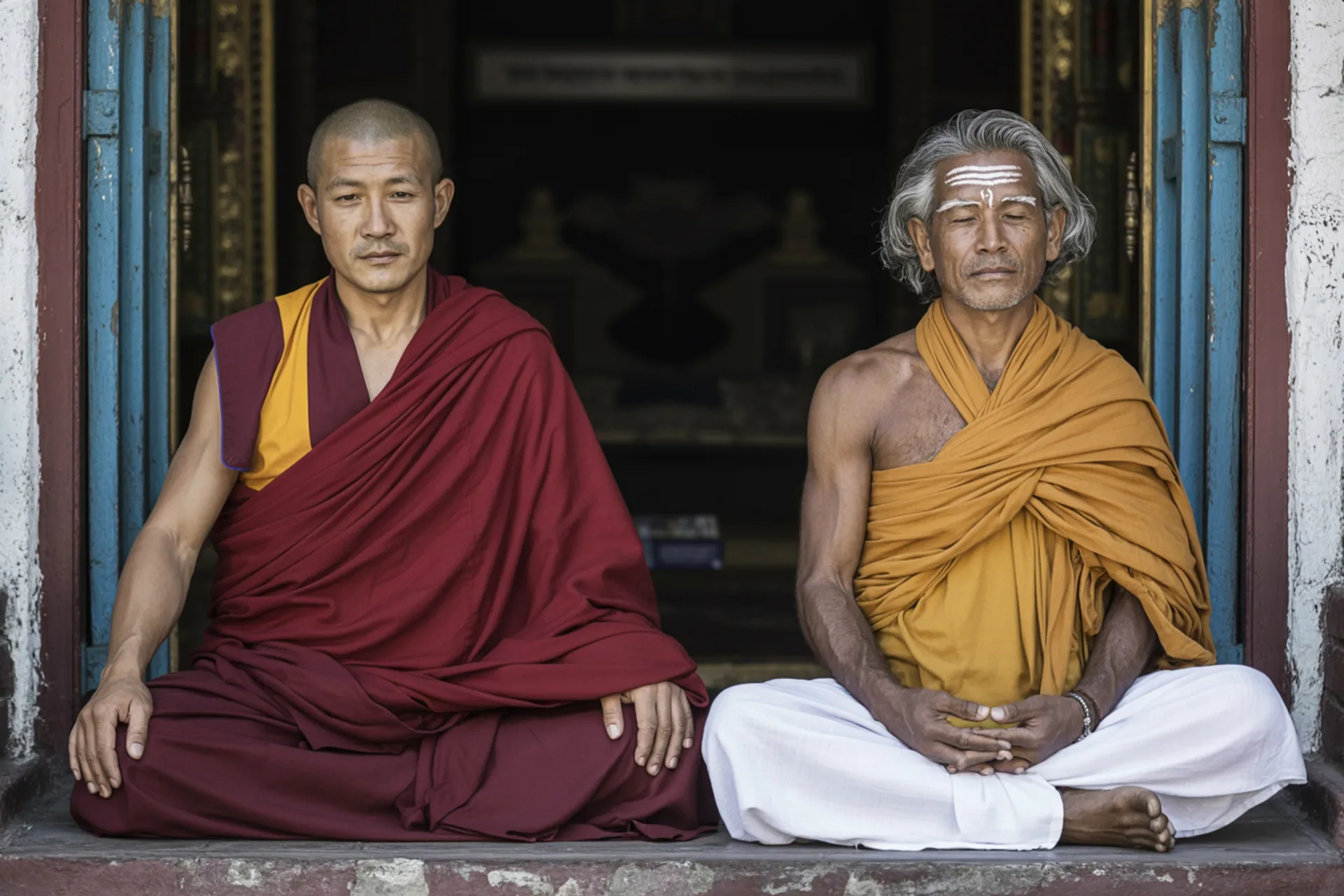 Monje budista tibetano y yogui hindú meditando juntos