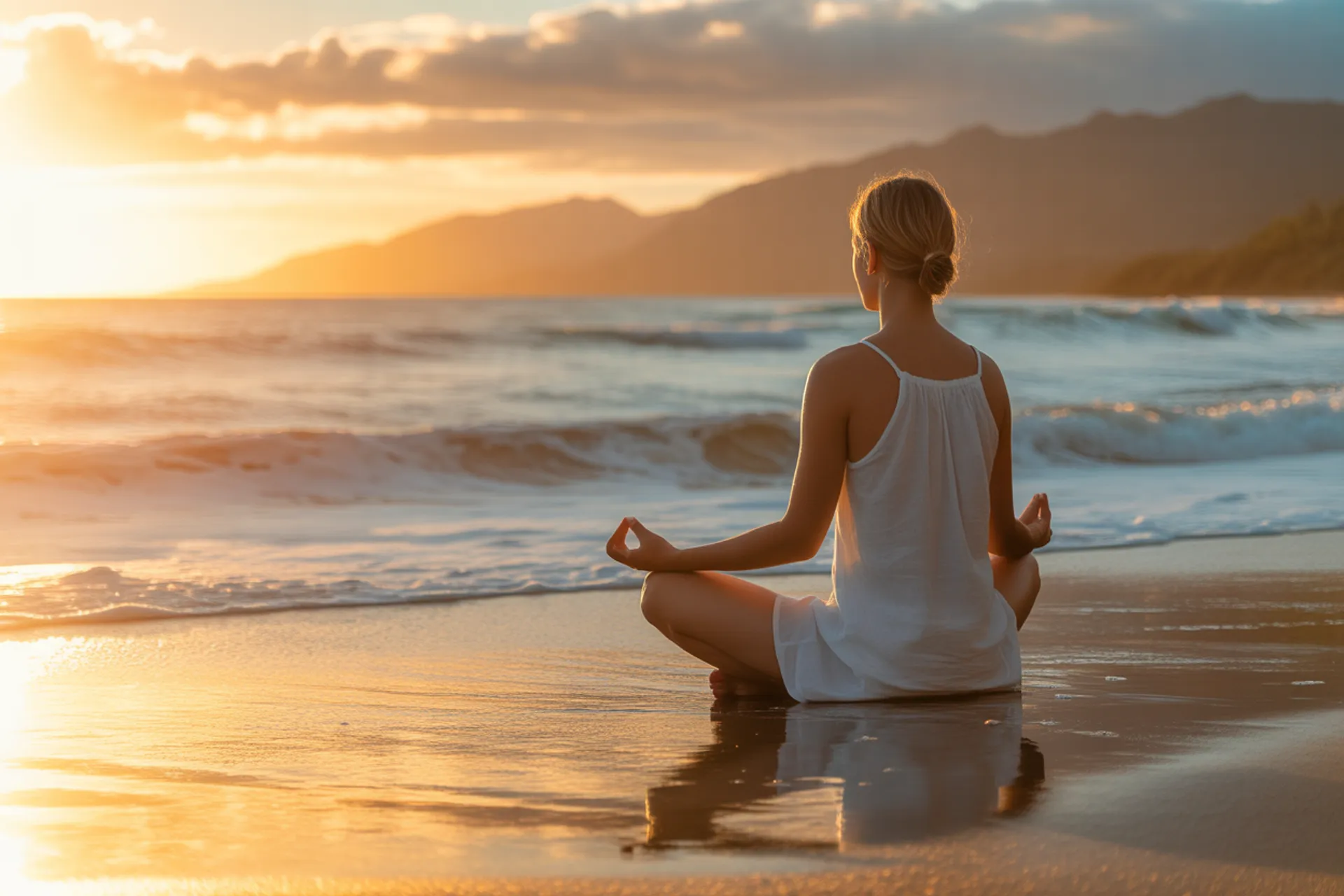 Mujer meditando al amanecer junto al mar, símbolo de paz y sanación