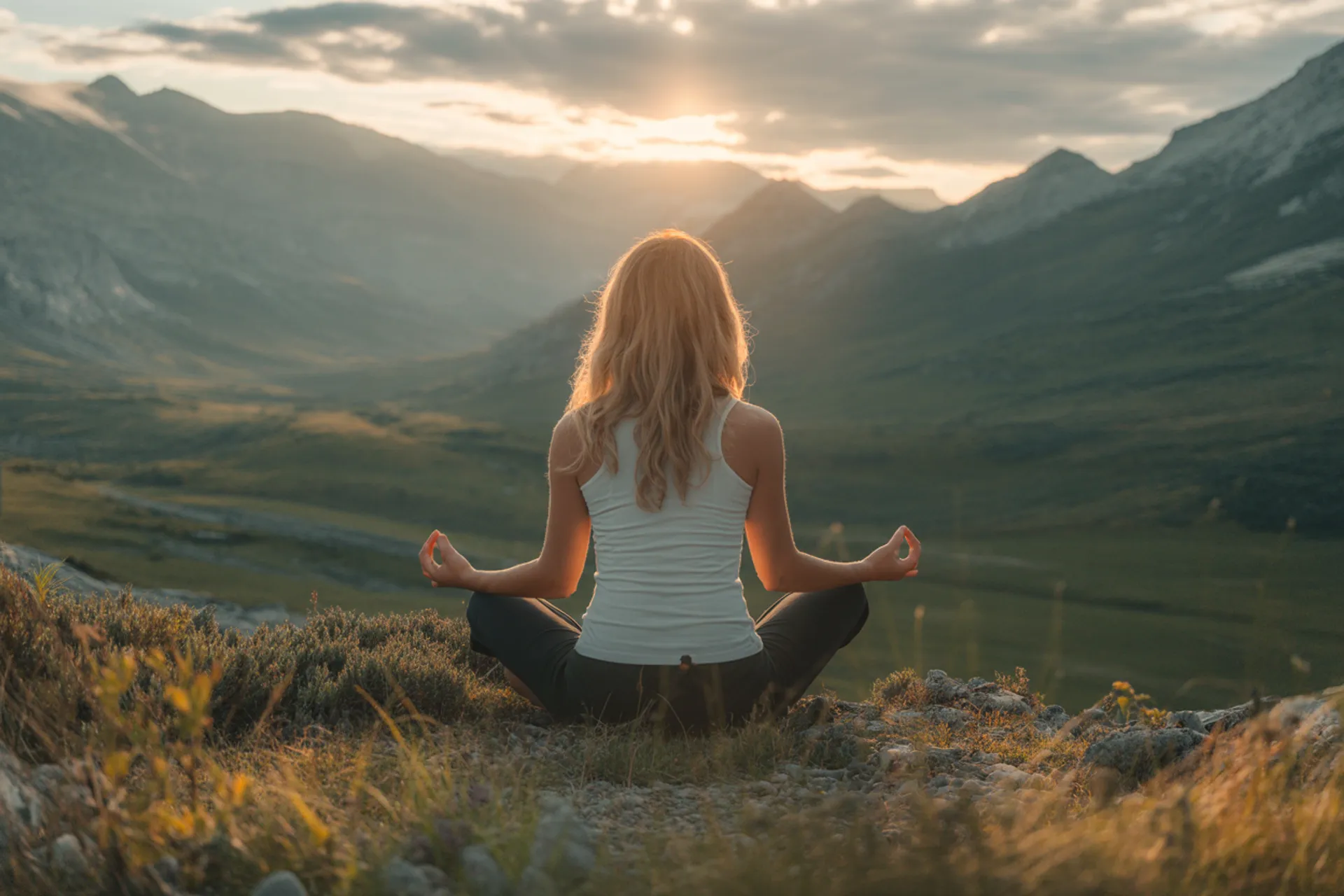 Persona meditando con una expresión de paz y compasión, rodeada de naturaleza