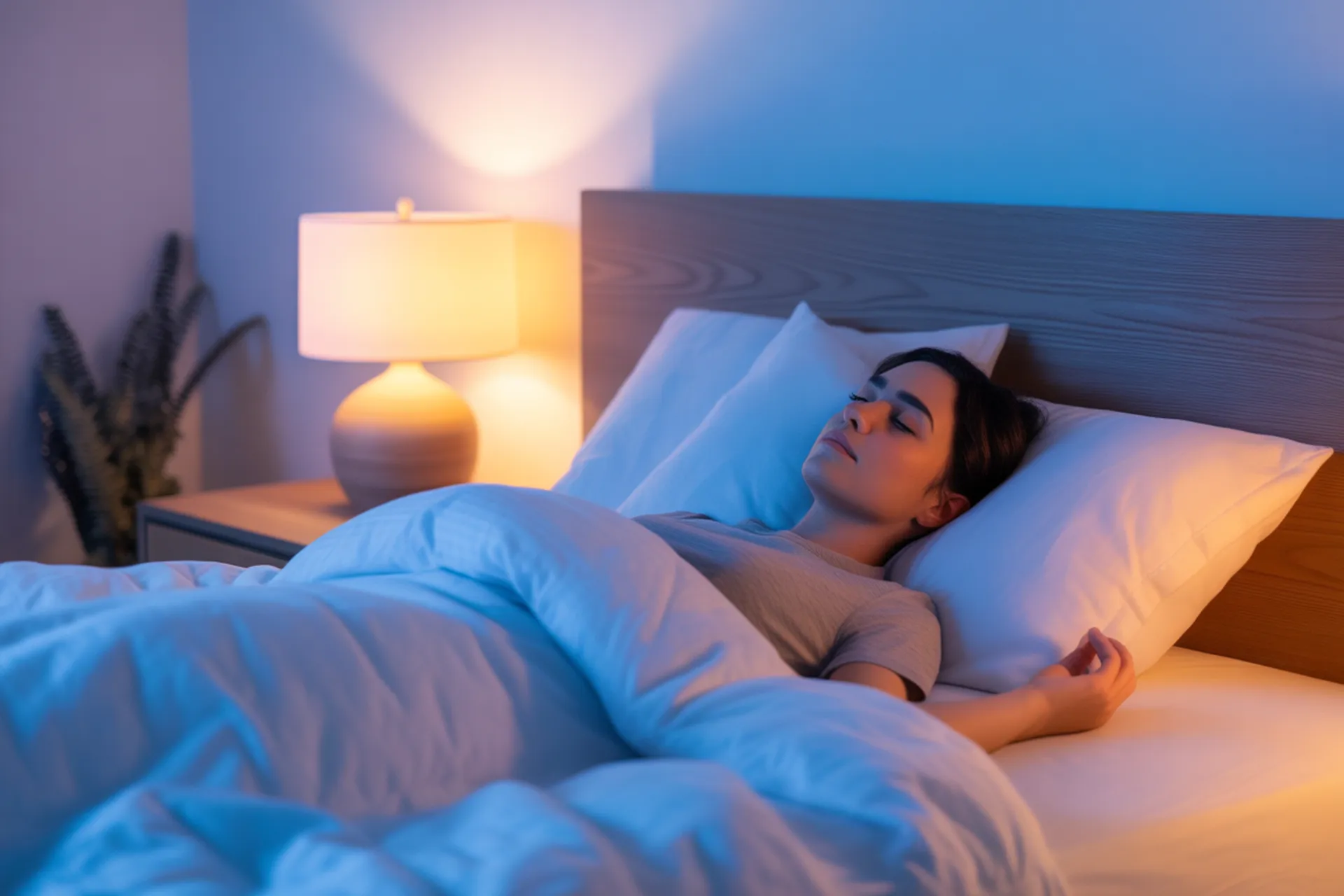 Persona meditando en la cama antes de dormir