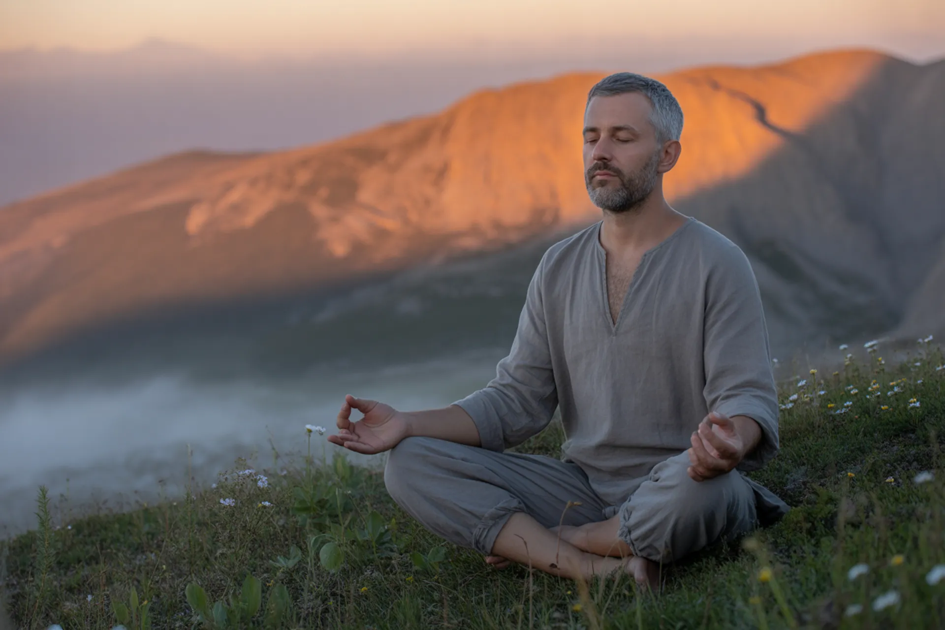 Persona meditando en calma al amanecer, respiración consciente