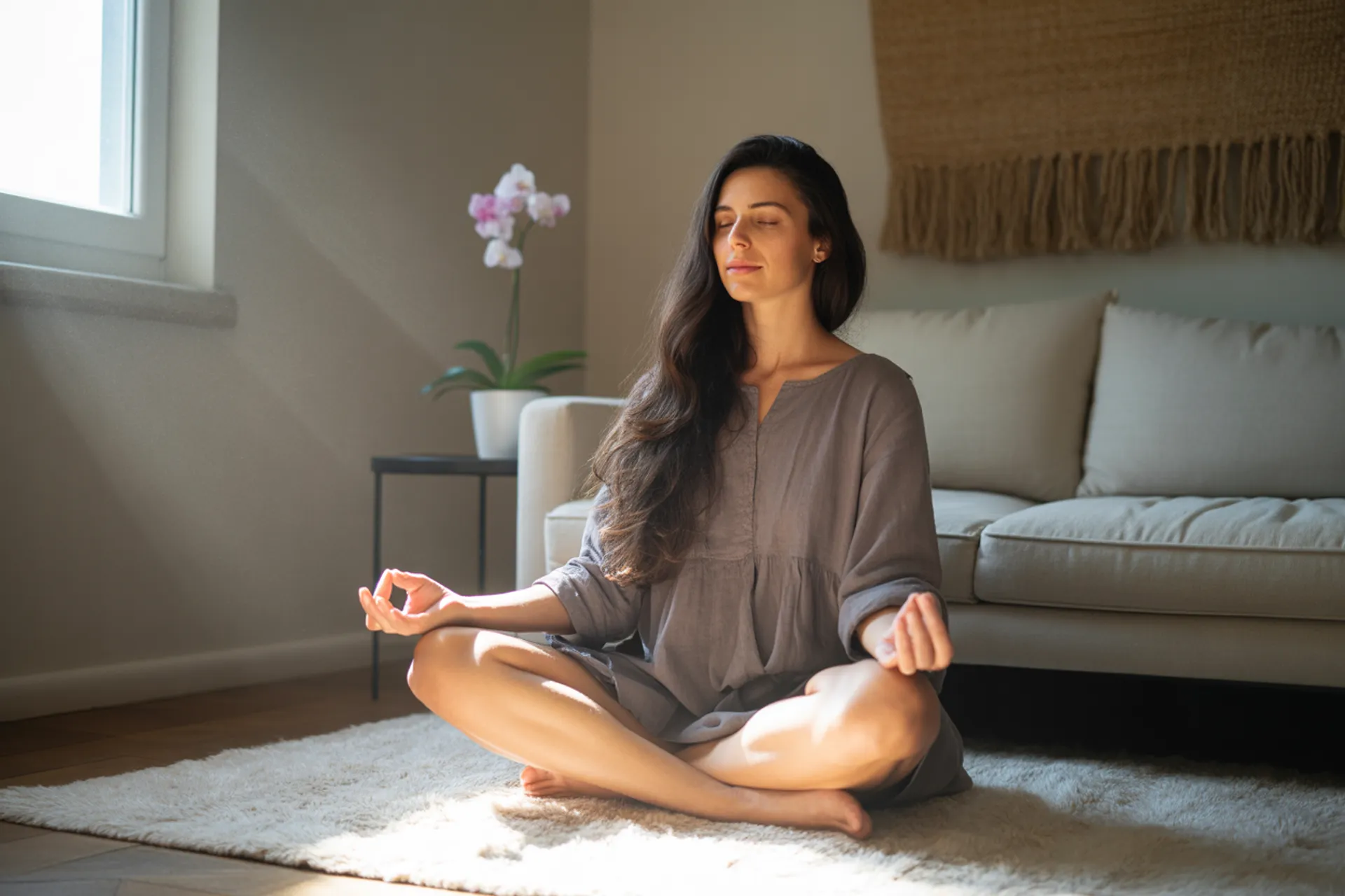 Persona meditando en la naturaleza al atardecer