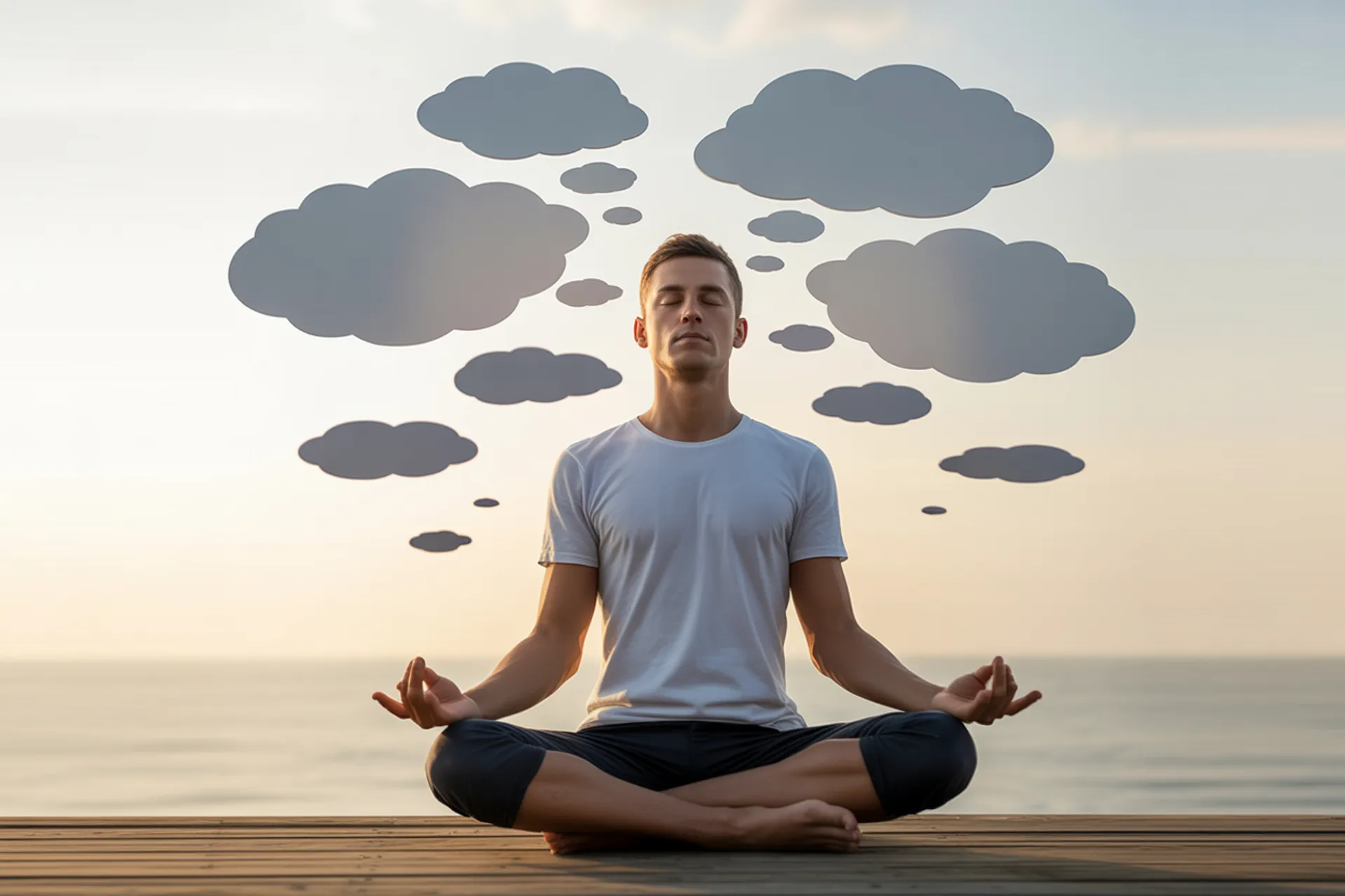 Persona meditando en la naturaleza con pensamientos representados como nubes