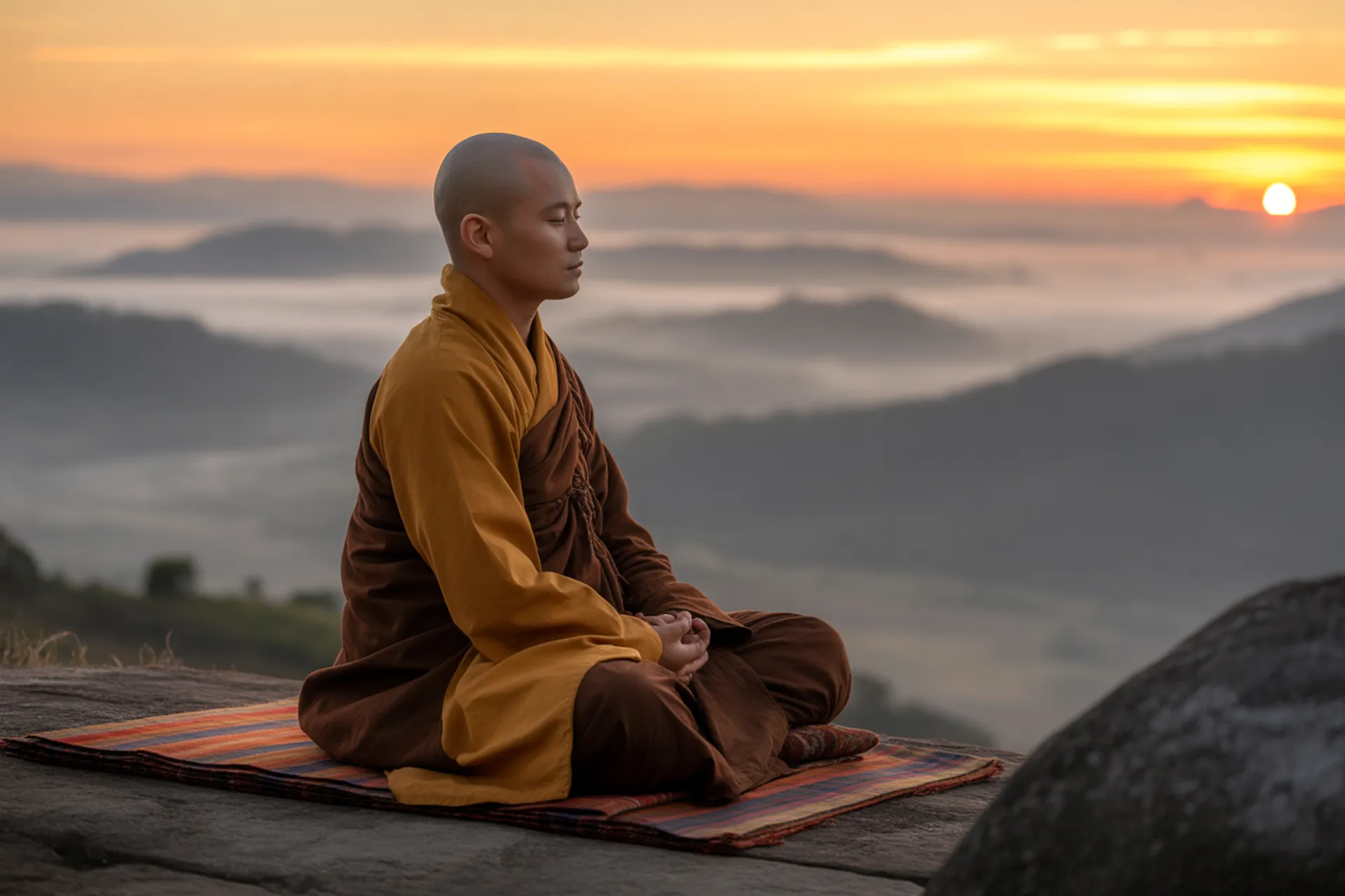 Ilustración de Samma Ditthi, la visión correcta budista, con un monje meditando frente a una rueda del Dharma