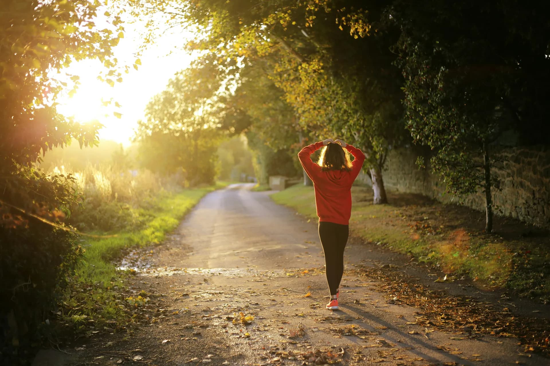 Una mujer dando un paseo por el bosque