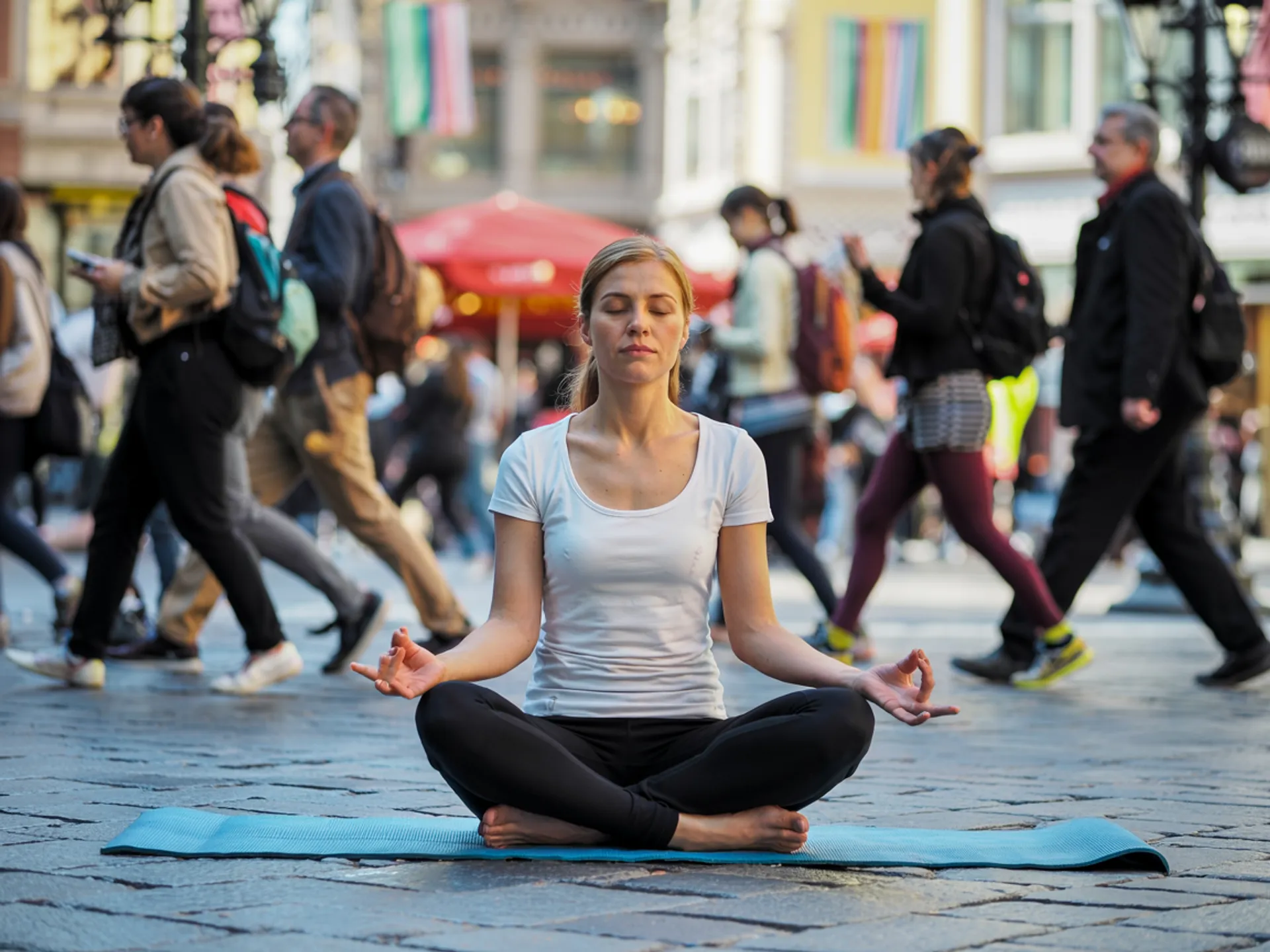 Una persona practicando mindfulness en medio de mucha gente y ruido