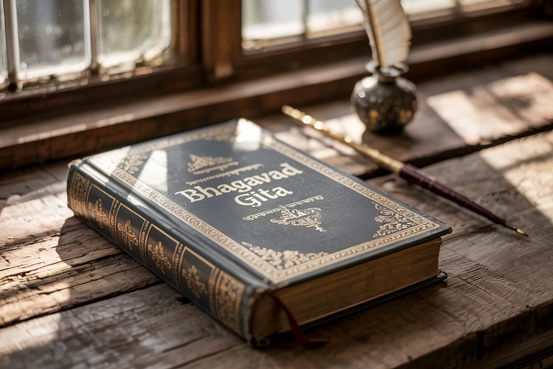 Un antiguo libro de la Bhagavad Gita sobre una mesa de madera