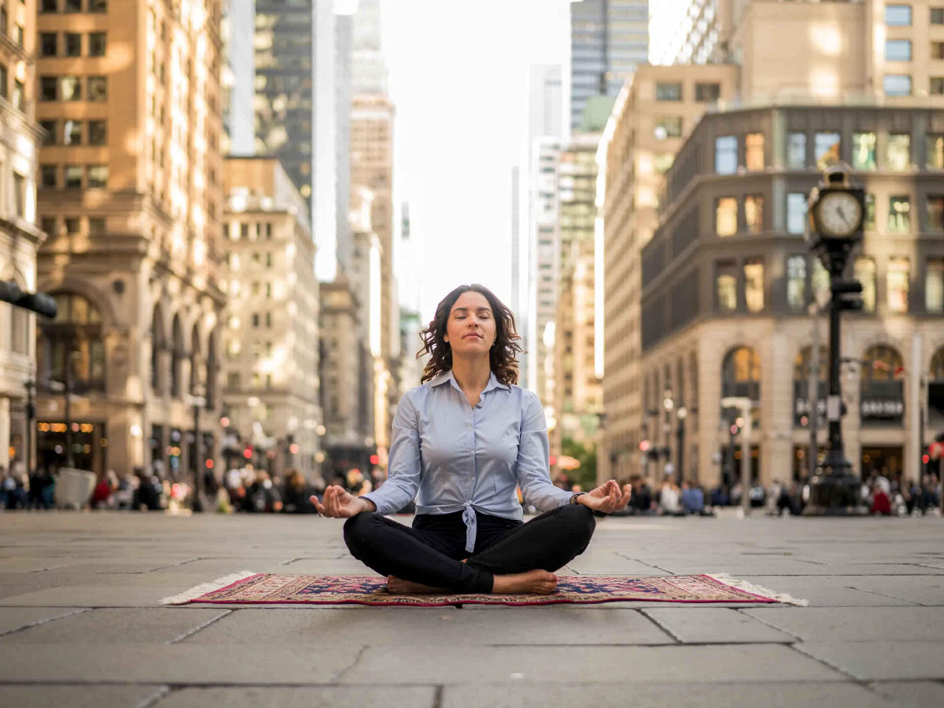 Una mujer meditando en medio de la ciudad